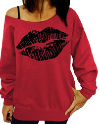  Sexy Dew Shoulder Lips Printed Purplish Red Cotton Blends Hoodies