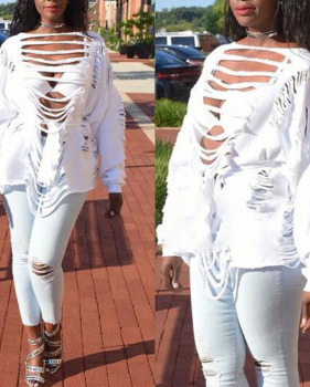  Sexy Round Neck Long Sleeves Hollow-out White Polyester Pullovers 