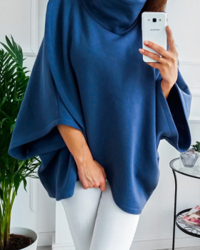  Trendy Turtleneck Asymmetrical Blue Cotton Blends Pullovers