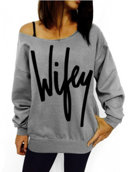 Casual Long Sleeves Letters Print Grey Cotton Blend Regular Pullover Sweat
