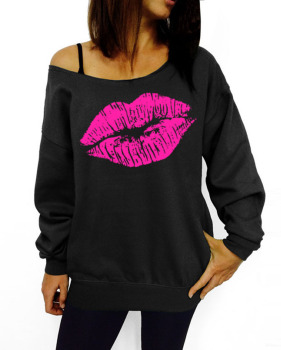 Casual Long Sleeves Lips Print Black Cotton Blend Regular Pullover Sweat