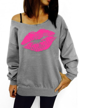 Casual Long Sleeves Lips Print Grey Cotton Blend Regular Pullover Sweat