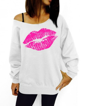 Casual Long Sleeves Lips Print White Cotton Blend Regular Pullover Sweat