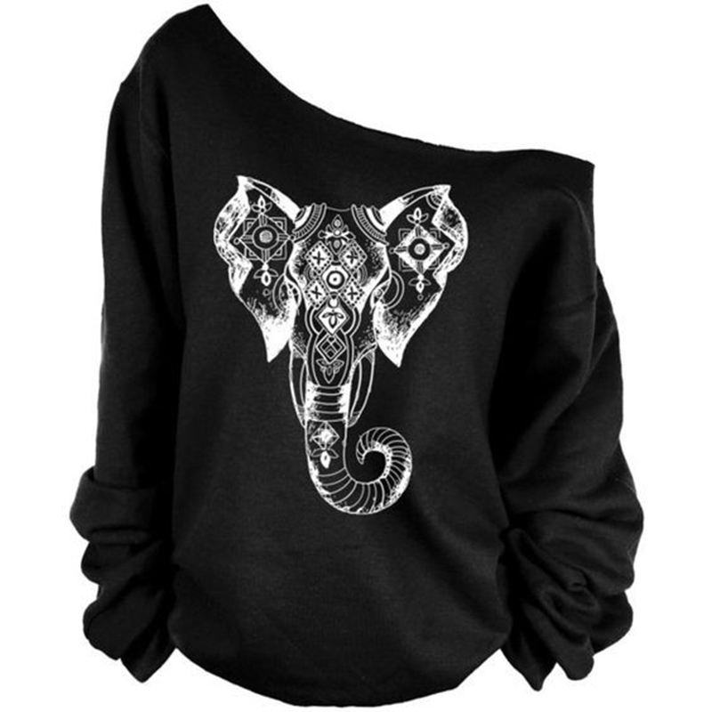 Leisure Dew Shoulder Elephant Print Black Cotton Blends Pullovers