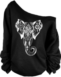 Leisure Dew Shoulder Elephant Print Black Cotton Blends Pullovers