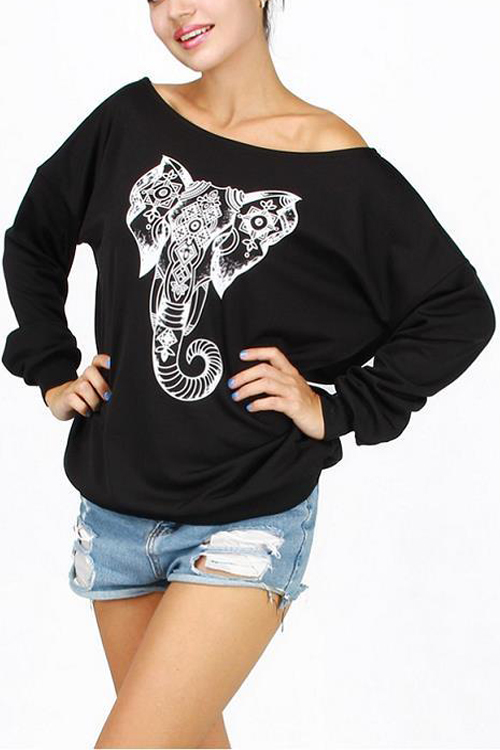 Leisure Dew Shoulder Elephant Printed  Black Polyester Pullovers