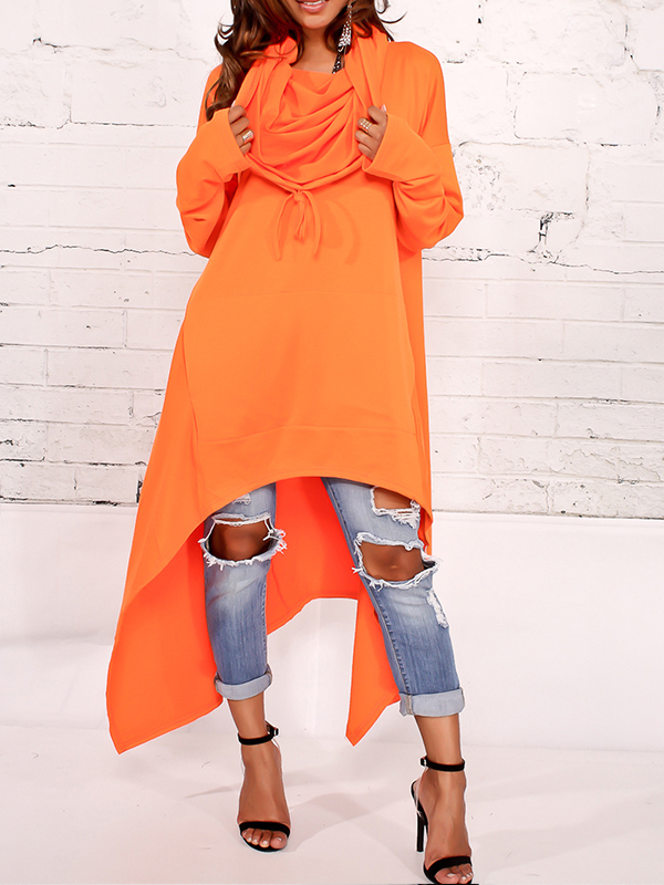 Leisure Heaps Collar Asymmetrical Orange Cotton Blends Pullovers