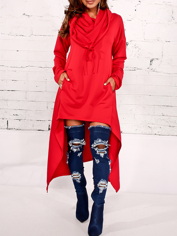 Leisure Heaps Collar Asymmetrical Red Cotton Blends Pullovers