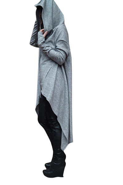 Leisure Long Sleeves Hooded Design Asymmetrical Light Grey Cotton Hoodie