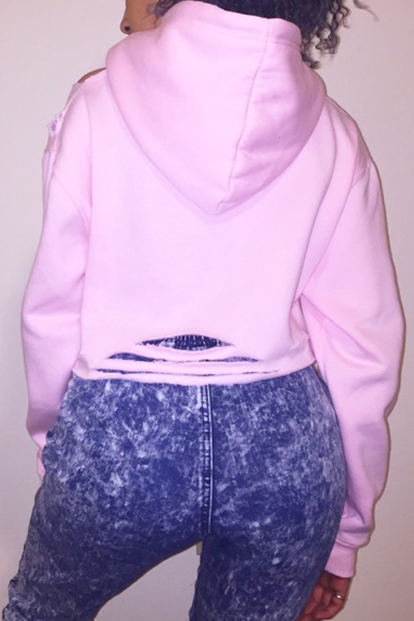 Leisure Long Sleeves Printed Hollow-out Pink Cotton Blends Hoodies