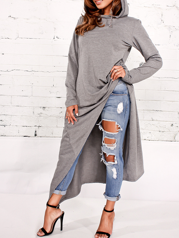Leisure Round Neck Long Sleeves Grey Cotton Blends Pullovers 