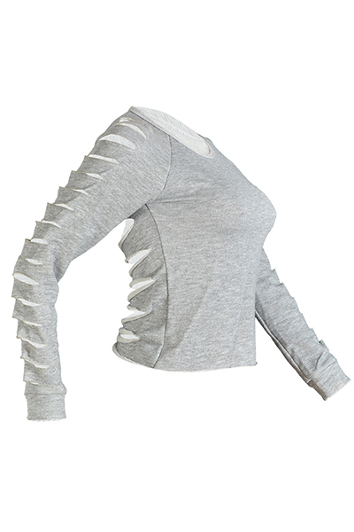Leisure Round Neck Long Sleeves Hollow-out Grey Cotton Pullovers