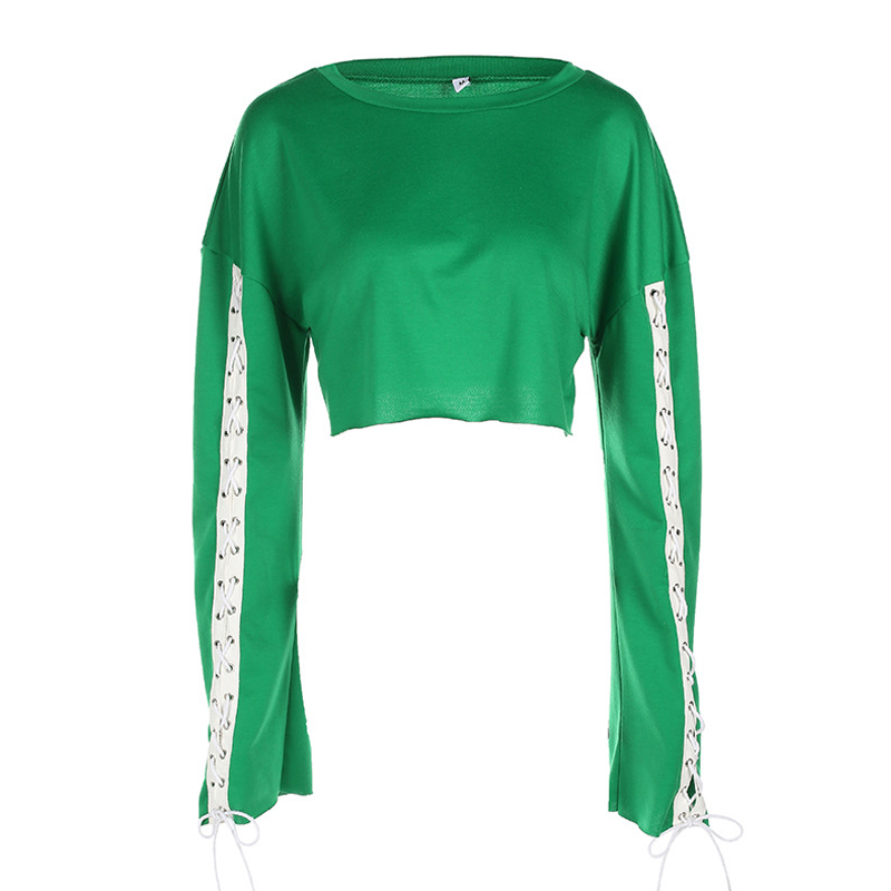 Leisure Round Neck Long Sleeves Lace-up Hollow-out Green Polyester Pullovers