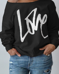 Leisure Round Neck Long Sleeves Letters Printing Black Cotton Pullover