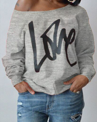 Leisure Round Neck Long Sleeves Letters Printing Grey Cotton Pullover