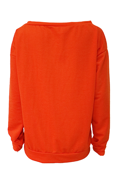 Leisure Round Neck Long Sleeves Letters Printing Orange Cotton Pullover
