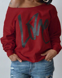 Leisure Round Neck Long Sleeves Letters Printing Purplish Red Cotton Pullover