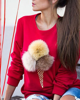 Leisure Round Neck Maomao Ball Decorative Red Cotton Blends Pullovers