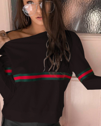 Leisure Round Neck Patchwork Black Polyester Pullovers