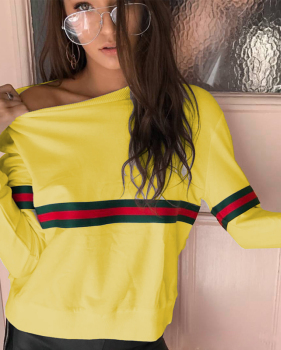 Leisure Round Neck Patchwork Yellow Polyester Pullovers