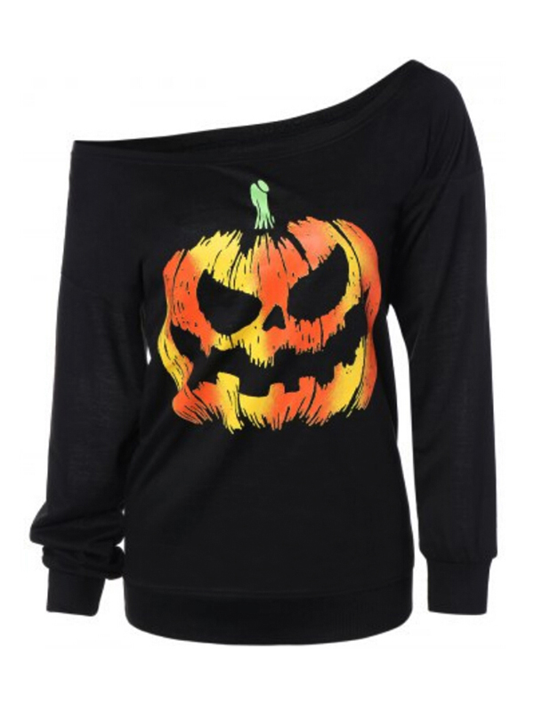 Leisure Round Neck Pumpkin Printing Black Cotton Pullovers(Halloween)