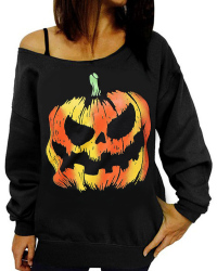 Leisure Round Neck Pumpkin Printing Black Cotton Pullovers(Halloween)