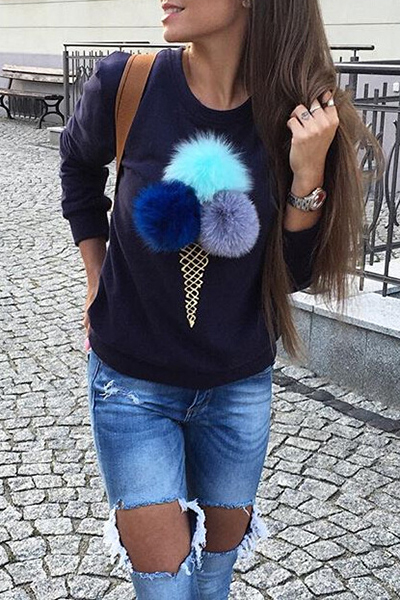 Likable Round Neck Long Sleeves Cone Printed Blue Cotton Hoodies