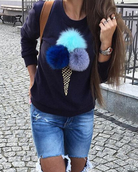 Likable Round Neck Long Sleeves Cone Printed Blue Cotton Hoodies