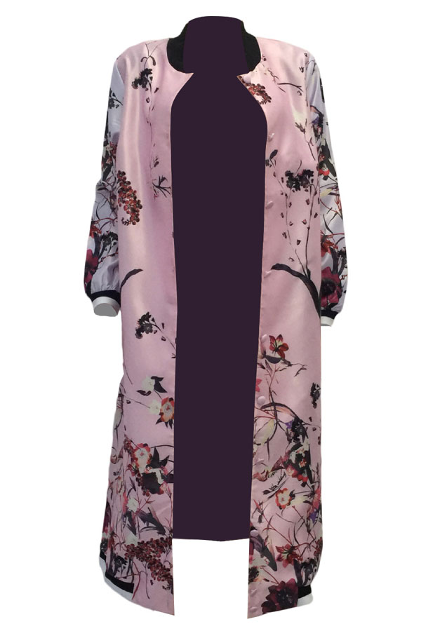 Euramerican Round Neck Printed Pink Polyester Trench Coats