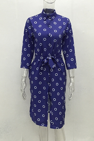 Trendy  Turndown Collar Three Quarter Sleeves Polka Dots Printed Blue Polyester Trench Coats