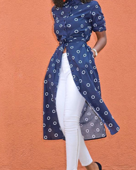 Trendy  Turndown Collar Three Quarter Sleeves Polka Dots Printed Blue Polyester Trench Coats