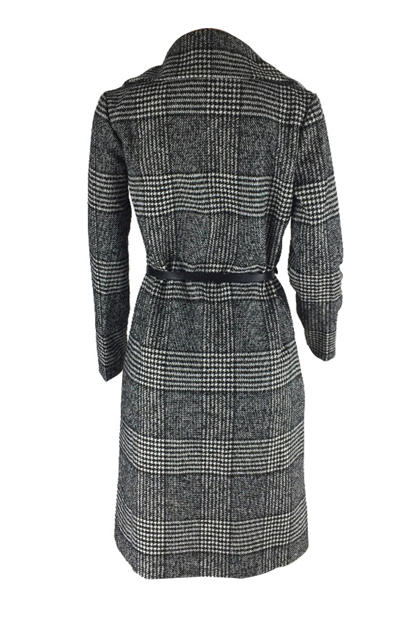  Fashionable Turndown Collar Plaids Design Grey Cotton Long Wool Coat(With Belt)