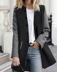  Stylish Turndown Collar Patchwork Black+Grey Polyester Coat