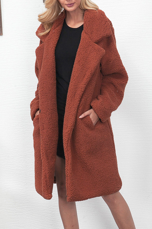 Trendy Turndown Collar Long Sleeves Light Tan Faux Fur Long Wool Coat