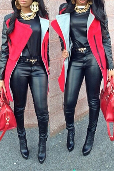 Trendy Turndown Collar Long Sleeves Zipper Design Patchwork Red Long Wool Coat