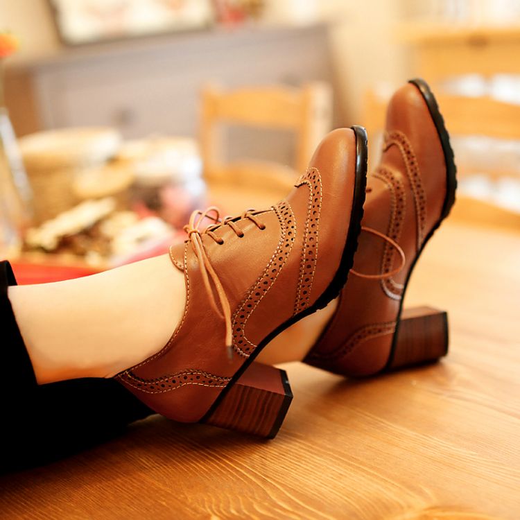 Fashion Round Toe Chunky Mid Heel Lace Up Ankle Brown PU Cavalier Boots