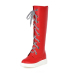Fashion Spring Autumn  Round Toe Lace Up Flat Low Heel Red PU Knee High Boots
