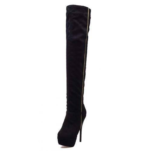 Fashion Winter Round Toe Slip On Patchwork Stiletto Super High Heel Black PU Over The Knee Cavalier Boots