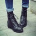 Spring Autumn Fashion Round Toe Lace-up Chunky Mid Heel Black PU Ankle Martens Boots