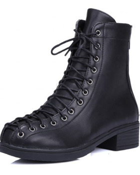 Spring Autumn Fashion Round Toe Lace-up Chunky Mid Heel Black PU Ankle Martens Boots
