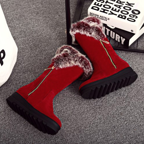 Stylish Round Toe Zipper Design Low Heel Red Suede Snow Boots