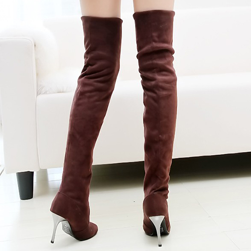 Winter Fashion Round Toe Slip on Stiletto High Heel Brown Suede Over the Knee Cavalier Boots