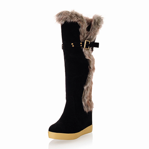 Winter Round Toe Patchwork Mid Heel Black Suede Mid Calf Feathers Snow Boots