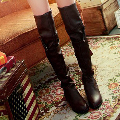 Winter Round Toe Slip On Buckle Decorated Flat Low Heel Brown PU Over The Knee Cavalier Boots