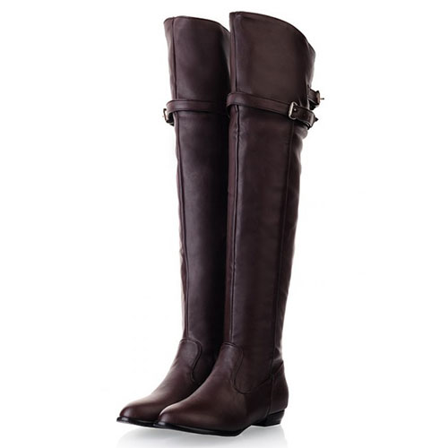 Winter Round Toe Slip On Buckle Decorated Flat Low Heel Brown PU Over The Knee Cavalier Boots