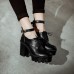 Cheap Fashion  Round Closed Toe Lace-up Chunky High Heels Black PU Pumps