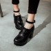 Cheap Fashion  Round Closed Toe Lace-up Chunky High Heels Black PU Pumps