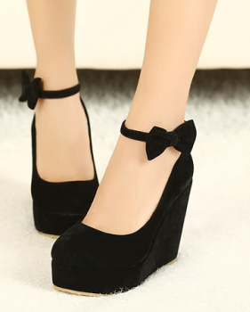 Fashion Round Closed Toe Super High Wedges Black Suede Ankle Strap Pumps