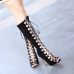 Fashion Round Peep Toe Hollow-out Lace-up Stiletto Super High Heel Black PU Basic Pumps