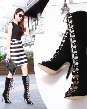 Fashion Round Peep Toe Hollow-out Lace-up Stiletto Super High Heel Black PU Basic Pumps